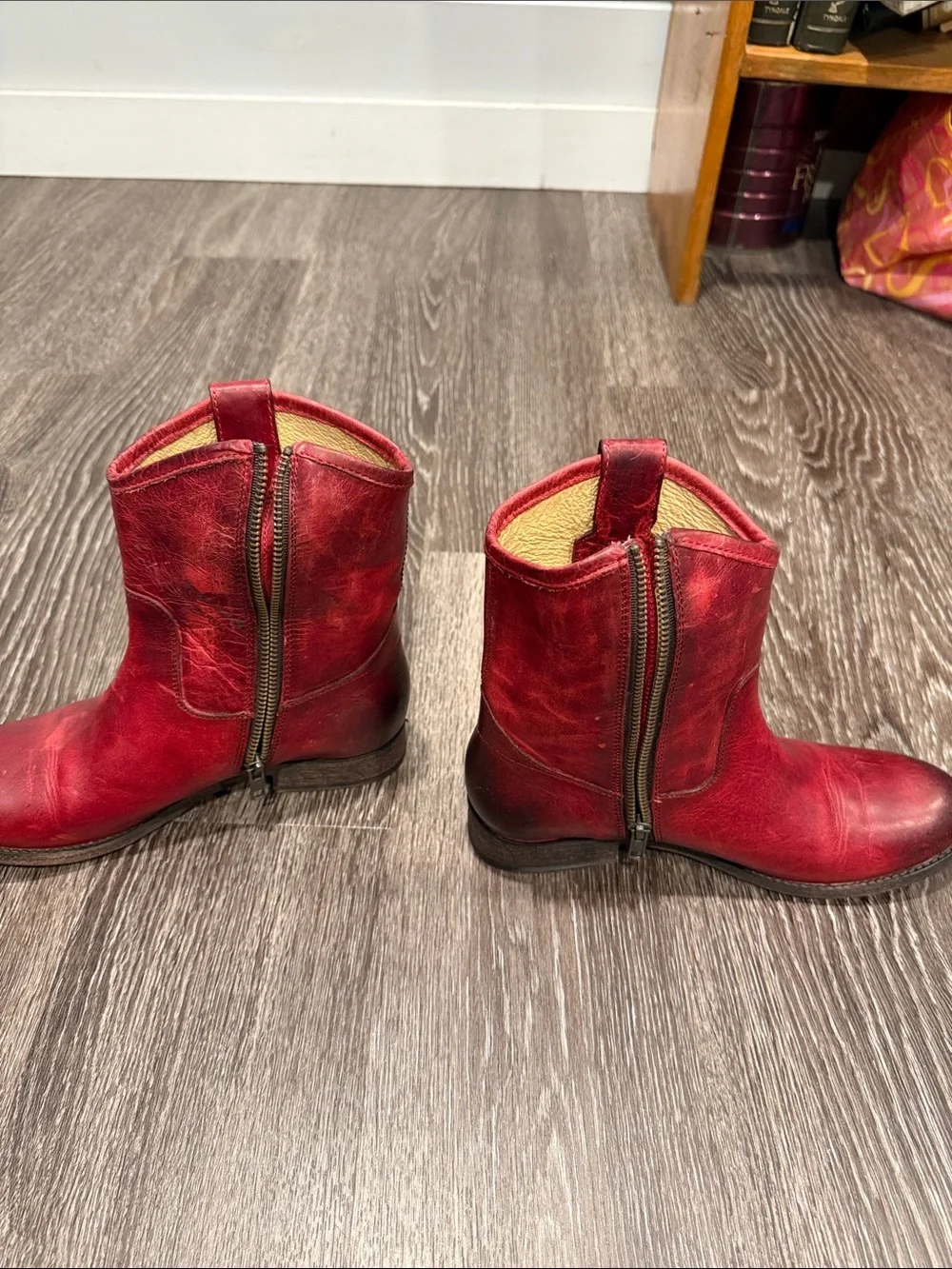 Frye “Melissa” Red Leather Ankle Boots with Side Zippers. Size 7